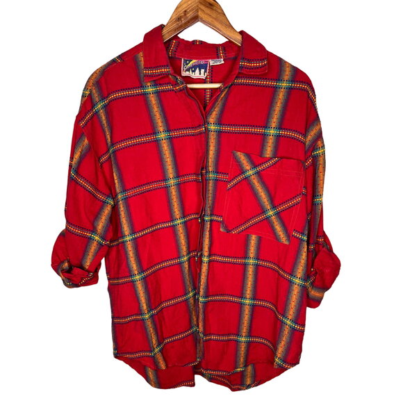 Vintage 90's Womans Plus Size 18 EMBROIDERED Cotton Plaid Button Down Shirt Red - Picture 1 of 5
